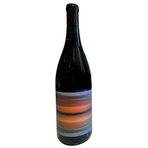 A bottle of TIMEPLACE PINOT NOIR 2023 by WINE: ADVINTAGE, featuring a label adorned with horizontal stripes in orange, red, gray, and white tones, showcased against a plain white background—an elegant depiction of this Santa Barbara County Pinot Noir.