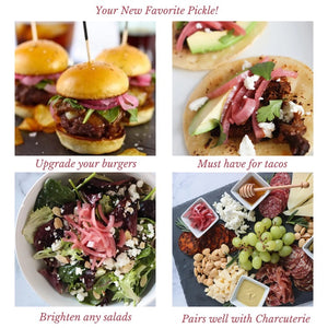 A clear jar with a white lid, labeled "PINK WAGON- PICKLED PINK ONIONS." The jar contains sliced Pacific Northwest onions in a pickling solution, filling the entire container. The label, branded with "PINK WAGON FOODS," features decorative red and white elements and indicates a net weight of 12 fl oz (355 ml).