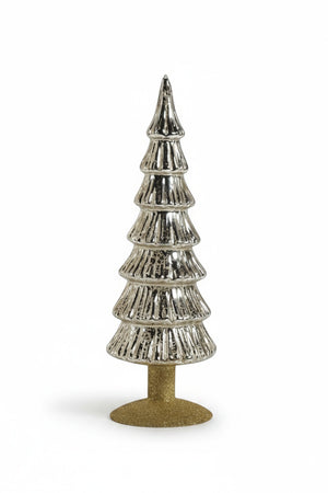 Two 3.5 in x 10.75 in silver-toned mercury glass MIRAMONTI FLASS TREE ON GOLD GLITTER BASE - 10.75″ decorations with gold glitter bases standing on a surface.