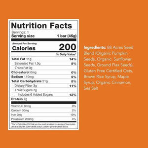 Image of an 88 ACRES Cinnamon Maple Seed + Oat Bar. The packaging is white with an orange section that displays the brand "88 ACRES" and the flavor details. The package showcases the nut-free, vegan, and gluten-free seed bar sprinkled with oats and seeds.