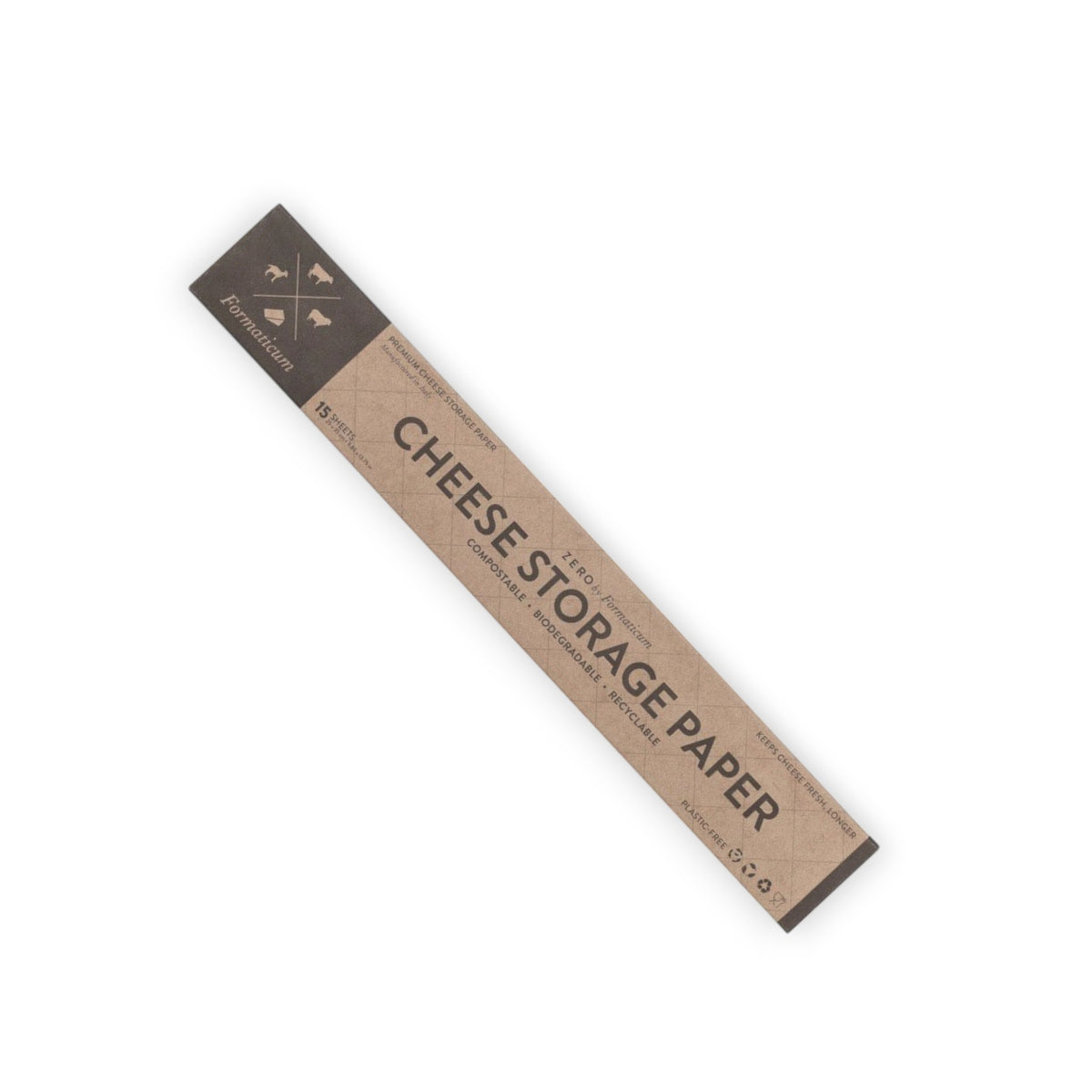A rectangular, brown package of FORMATICUM - ZERO CHEESE STORAGE PAPER from the brand FORMATICUM. The packaging promotes it as compostable, biodegradable, and recyclable. The text includes "Zero," "15 sheets," and "keeps cheese fresher, longer" alongside small icons of cheese and animals.
