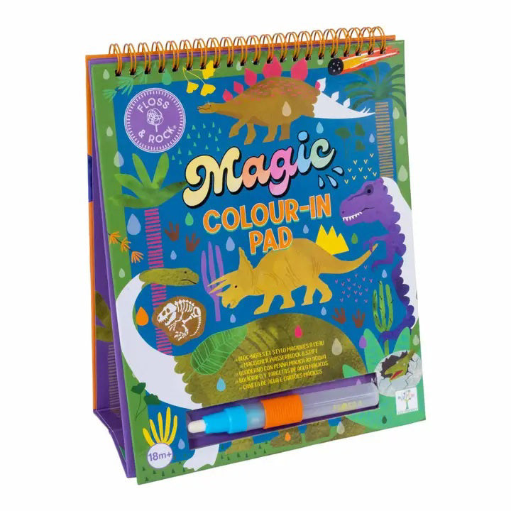 A vibrant, spiral-bound "Floss and Rock - Dino Easel Watercard and Pen" featuring dinosaur illustrations and a reusable water pen. The cover showcases various dinosaurs and foliage against a lively background. This eco-friendly toy by Floss &amp; Rock is suitable for ages 18 months and older.