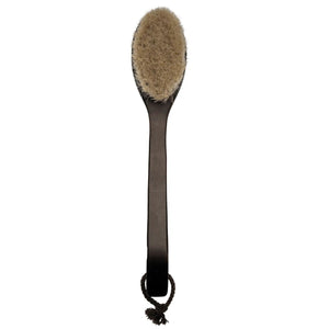 Experience the BAUDELAIRE BEECHWOOD BATH BRUSH 14"—a long-handled brush crafted from beechwood with a dark handle, soft light natural horsehair bristles, and a convenient looped cord for hanging. This elegant tool is an ideal upgrade to your self-care routine.