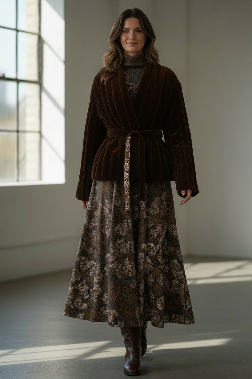 A woman stands indoors by a window, smiling softly with wavy hair. She wears the FRANCO FERRARI - REVERSIBLE KIMONO JACKET, which features a patterned velvet design and a subtle kimono silhouette, paired with a black top, black pants, and black loafers.