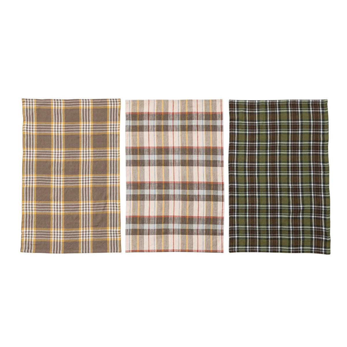 The CREATIVE COOP COTTON PLAID TEA TOWELS - SET OF 3 features brown, beige, yellow, and blue cotton towels folded and tied with a cream fabric ribbon and wooden beads, shown against a white background.