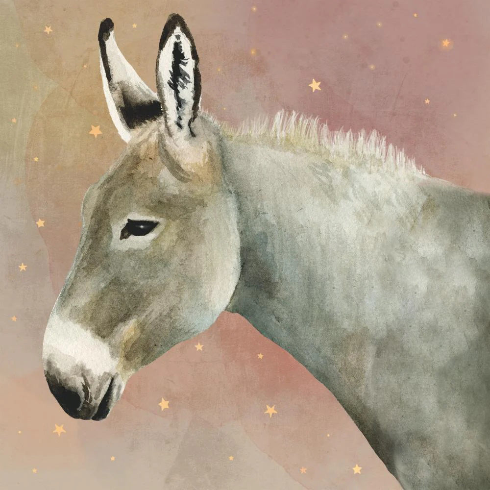 A watercolor profile of a donkey with pastel backdrop and yellow stars, echoing the gentle tones of PAPER PRODUCTS DESIGN&#39;s HUGO BEVERAGE NAPKINS by PAPER PRODUCTS DESIGN.