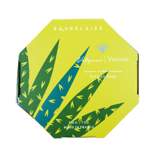 A BAUDELAIRE - VETIVER 7OZ BOXED BATH BAR, round and beige-colored, embossed with &quot;Provence Santé, 200 g&quot; in the center. This perfectly circular soap bar has a smooth surface and is enriched with shea butter, offering a unisex fragrance.