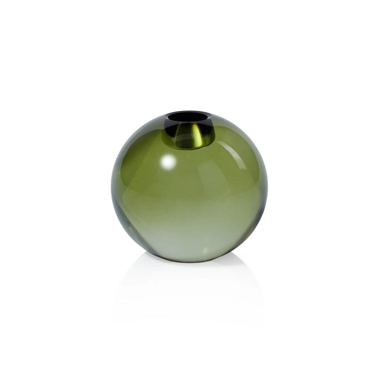 The ZODAX ROUND CRYSTAL GLASS TAPER HOLDER IN GREEN is a small, round, translucent green glass holder, 3.5&quot; tall and 3.25&quot; wide, with a narrow opening, shown against a plain white background.