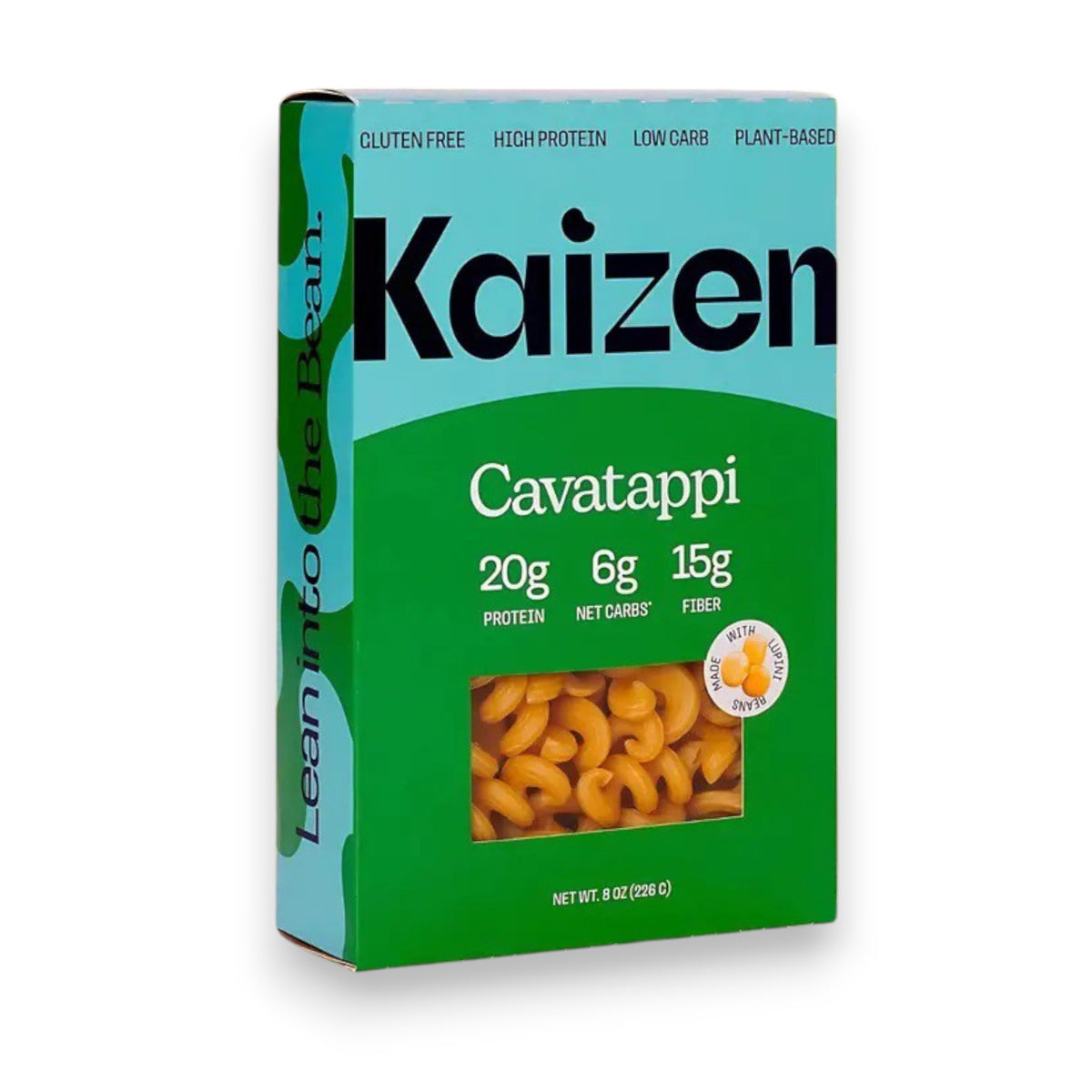 A box of KAIZEN - CAVATAPPI PASTA by KAIZEN FOOD COMPANY is shown. The packaging highlights that the pasta is gluten-free, high in protein, low in carbs, and plant-based. Nutritional information on the front indicates it has 20g of protein, 6g of net carbs, and 15g of fiber per serving.