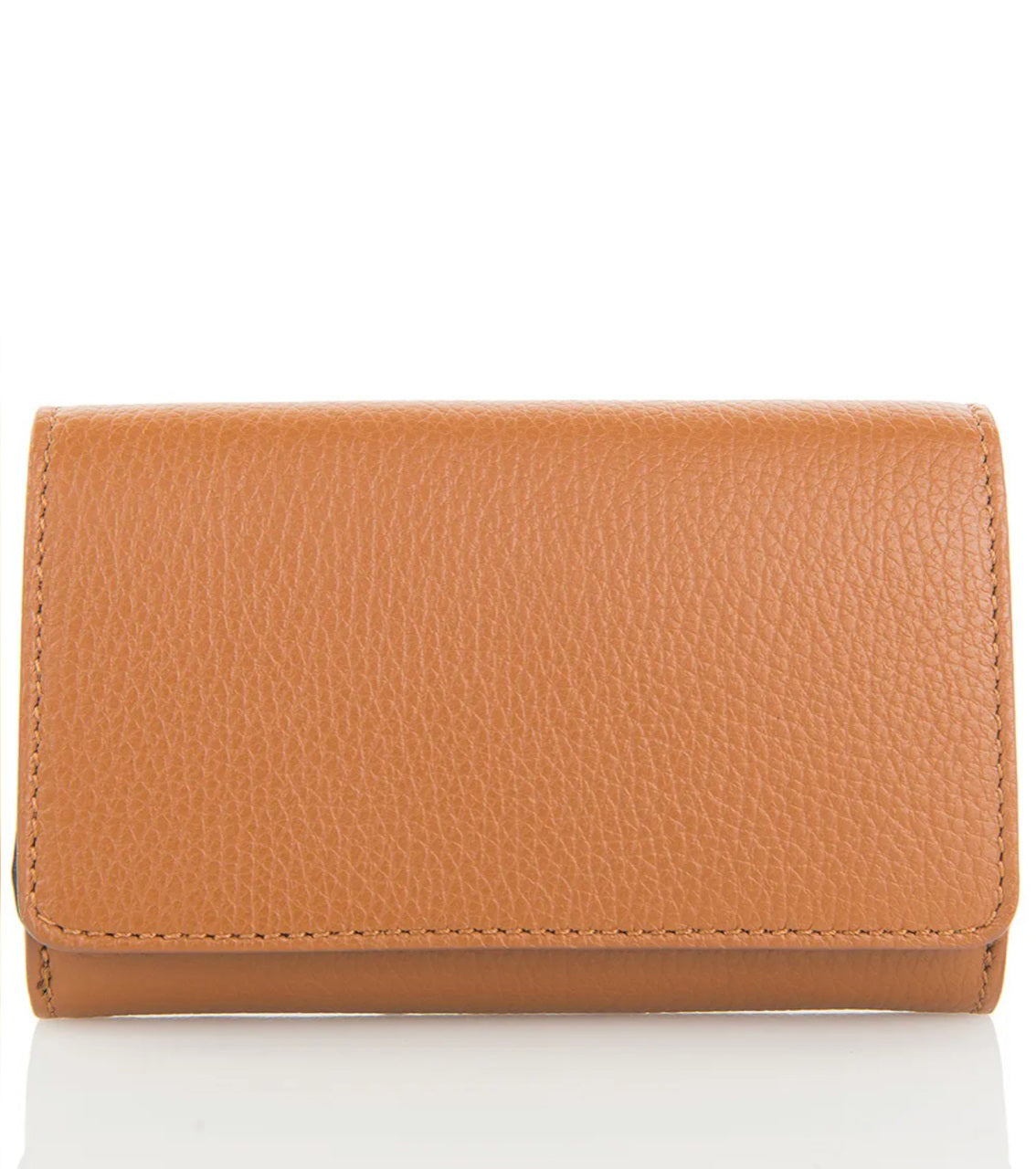 The LE BORSETTE LEATHER WALLET is a small, tan-colored, textured leather accessory featuring a rectangular shape and a fold-over flap design. Crafted in Italy from genuine leather, this wallet exudes simplicity and elegance with no visible branding or patterns, and measures 15cm x 9.5cm against a plain white background.