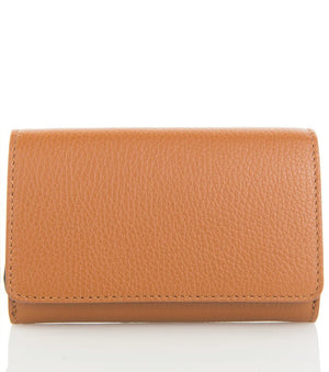 The LE BORSETTE LEATHER WALLET is a small, tan-colored, textured leather accessory featuring a rectangular shape and a fold-over flap design. Crafted in Italy from genuine leather, this wallet exudes simplicity and elegance with no visible branding or patterns, and measures 15cm x 9.5cm against a plain white background.