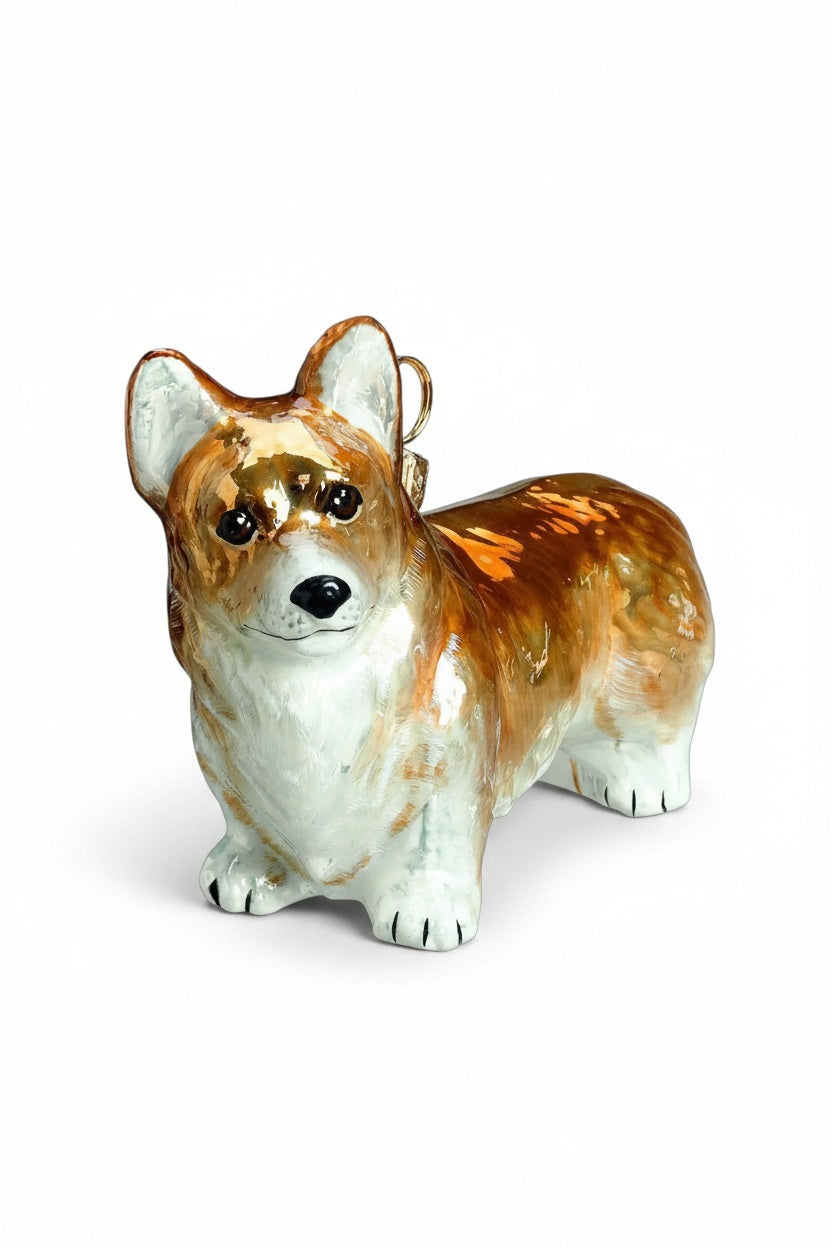 A glossy, hand-painted PEMBROKE WELSH CORGI ORNAMENT by Joy to the World Collectibles in the shape of a tan and white Corgi.