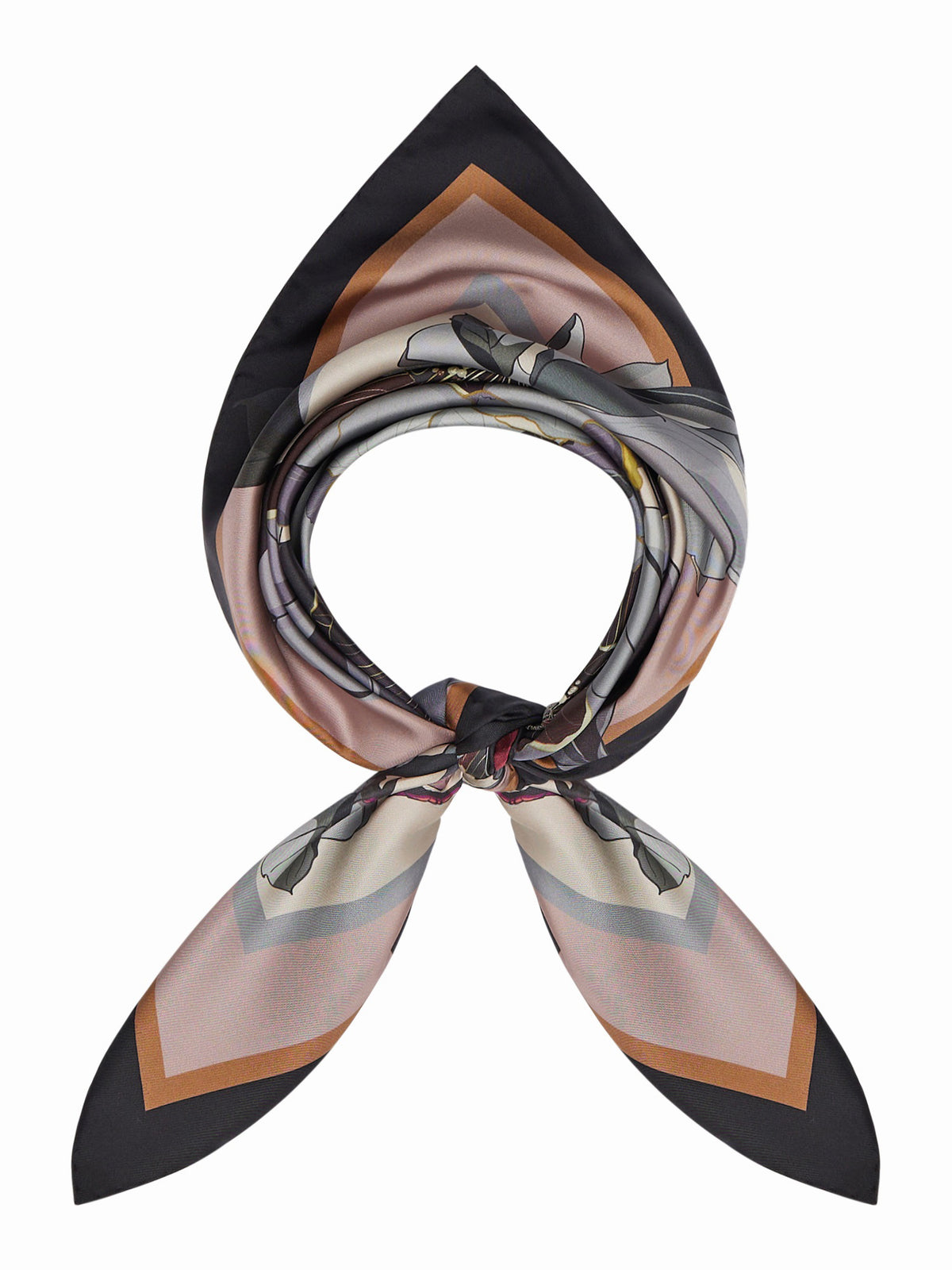 The FRANCO FERRARI - CIALDA Reversible Silk Scarf 90x90 features a symmetrical, oversized floral pattern in purple, brown, cream, and black with mirrored stylized flowers and leaves radiating from the center.