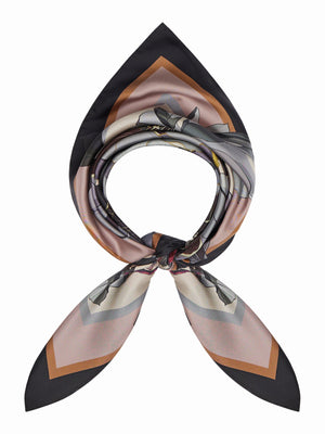 The FRANCO FERRARI - CIALDA Reversible Silk Scarf 90x90 features a symmetrical, oversized floral pattern in purple, brown, cream, and black with mirrored stylized flowers and leaves radiating from the center.