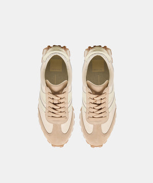 DOLCE VITA - TRESA SNEAKERS IN WHITE & GOLD SUEDE, a low-top sneaker in beige and layered suede with metallic gold accents and a sporty lug sole.