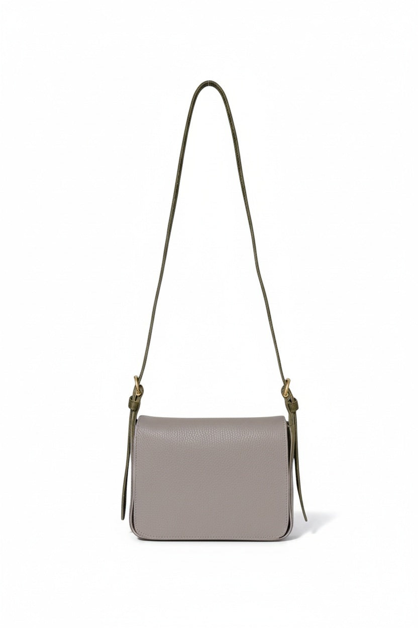 Fearrington Village OLIVEVE Genevieve crossbody bag in grey pebbled Italian buffalo cowhide with brass hardware