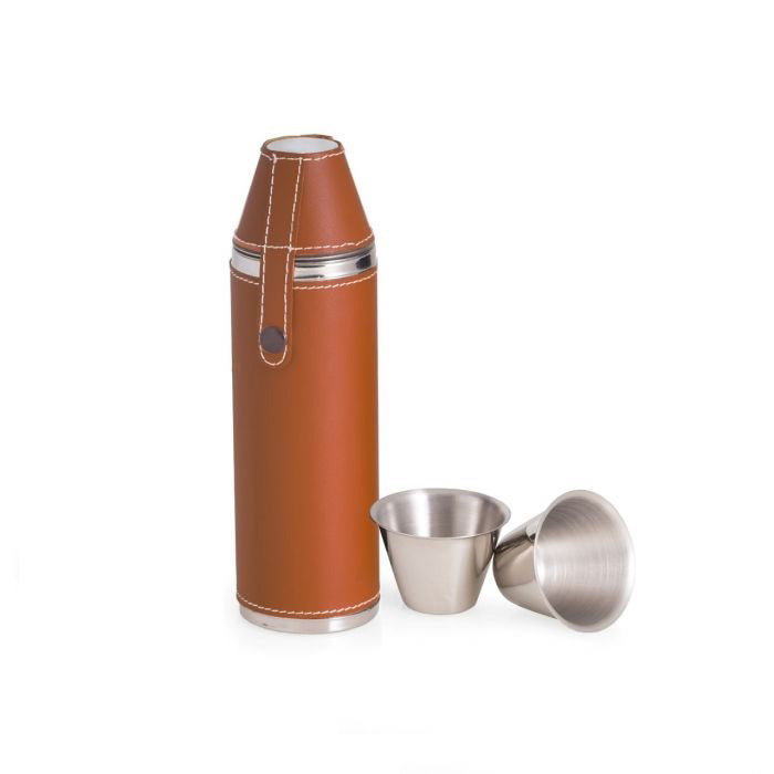 The BEYBERK INTERNATIONAL STAINLESS STEEL AND LEATHER FLASK 10OZ, with white-stitched brown leather and two stainless steel shot cups, creates an elegant travel set, displayed against a white background.