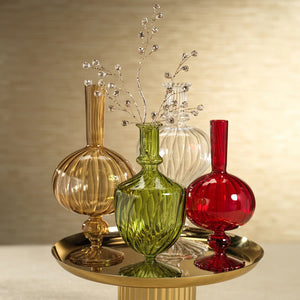 The ZODAX VENETIAN SPIRAL VASE IN AMBER ONION SHAPE, 9”, is a tall decorative vase with a clear light brown hue, featuring a round ribbed body, narrow neck, and flared base crafted from borosilicate glass. It is showcased against a plain white background.