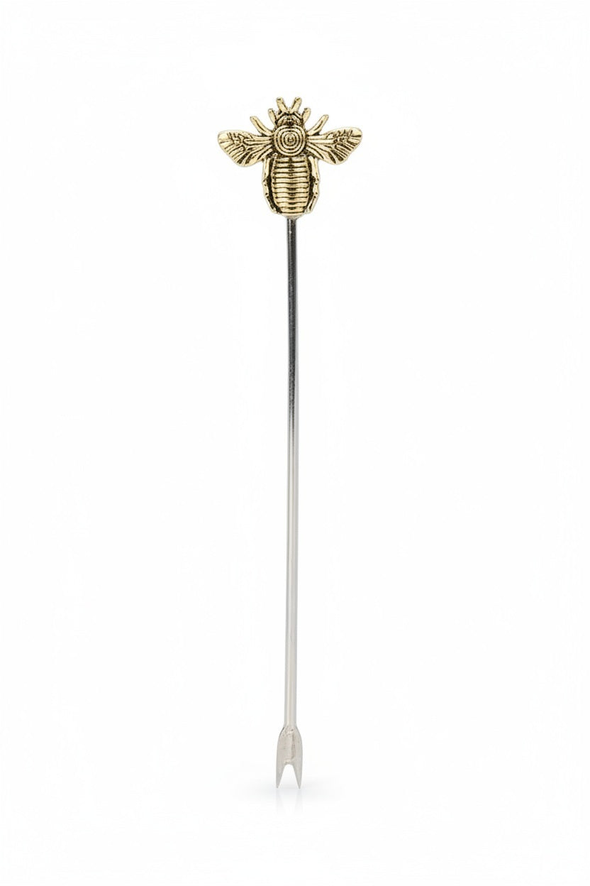 GOLDEN BEE COCKTAIL PICKS S4 featuring a golden bee topper and a two-pronged silver base.