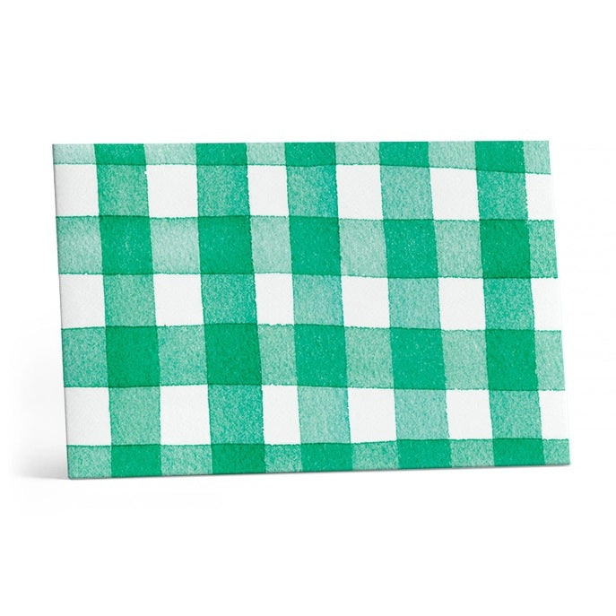 The E. FRANCES - LITTLE NOTES DUO STRAWBERRY card by E. FRANCES PAPER is rectangular with rounded corners and a green and white checkered pattern. “BACK” is printed below, along with small text and a recycling symbol at the bottom center.