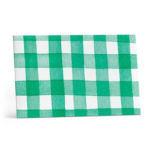 The E. FRANCES - LITTLE NOTES DUO STRAWBERRY card by E. FRANCES PAPER is rectangular with rounded corners and a green and white checkered pattern. “BACK” is printed below, along with small text and a recycling symbol at the bottom center.
