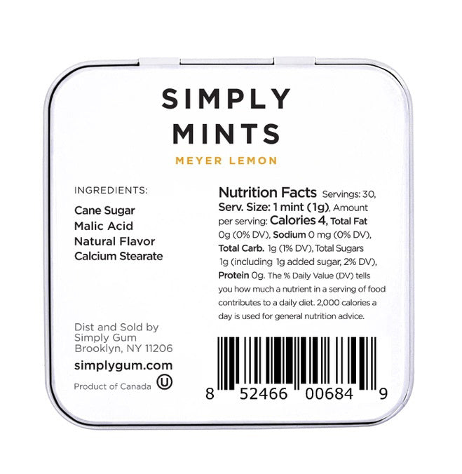 A square tin container of Meyer Lemon Mints from Simply Gum is shown. The lid features the product name "Simply Gum" in large black letters with "Meyer Lemon Mints" in smaller yellow letters beneath it. A vibrant yellow lemon slice is depicted at the bottom, and there are no artificial sweeteners.