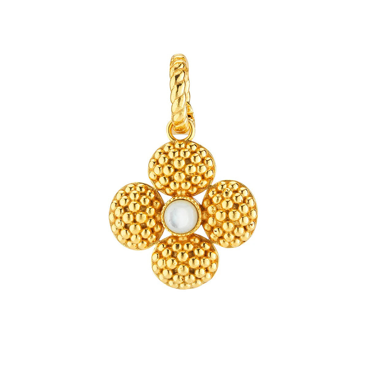 The CAPUCINE DE WULF BERRY CLOVER DOUBLE SIDED PENDANT features an elegant design with four oval mother-of-pearl stones around a central textured gold bead, all attached to a braided gold loop and adorned with intricate gold detailing.