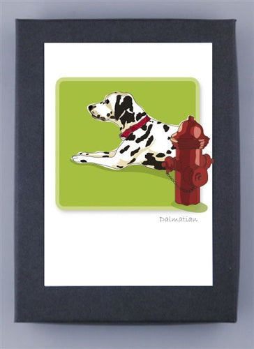 PAPER RUSSELLS&#39; Dalmatian Box Notes features a design of a Dalmatian dog lying left, with a red collar next to a fire hydrant on green recycled paper. The word &quot;Dalmatian&quot; is elegantly inscribed below. Made in the USA and FSC certified for eco-friendly quality.