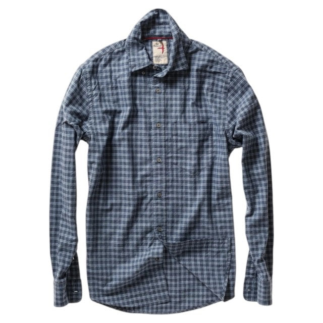 The RELWEN - DRESS BLUES SHIRT IN NAVY GINGHAM PLAID by RELWEN is a long-sleeve button-up shirt crafted from 100% cotton shirting for a comfortable, classic fit, shown laid flat on a white background.