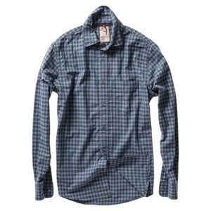 The RELWEN - DRESS BLUES SHIRT IN NAVY GINGHAM PLAID by RELWEN is a long-sleeve button-up shirt crafted from 100% cotton shirting for a comfortable, classic fit, shown laid flat on a white background.