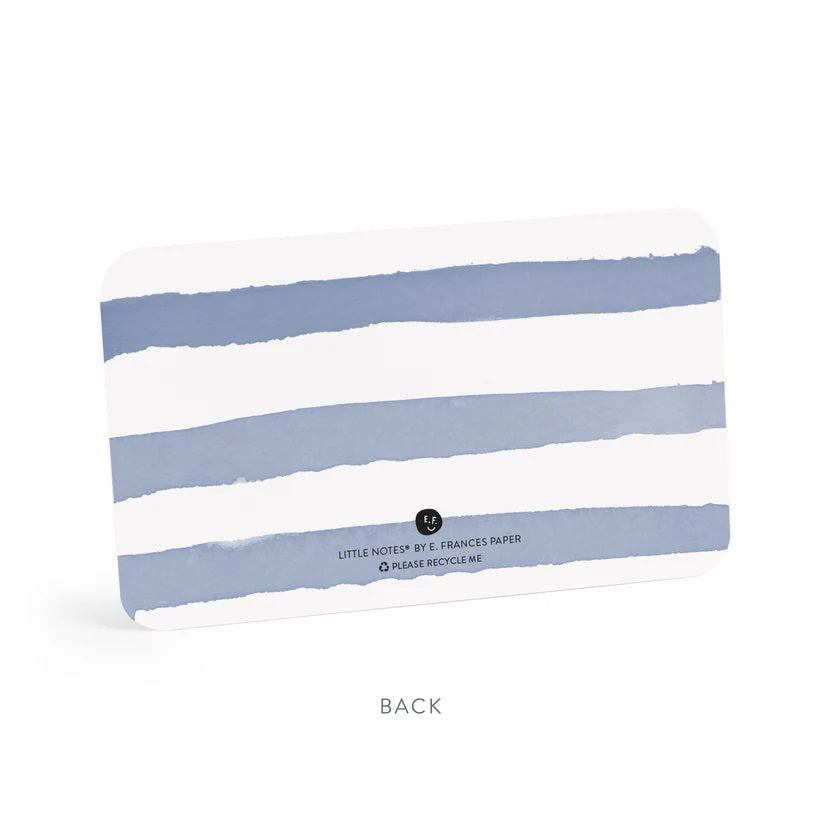 A clear plastic box of E. FRANCES PAPER's "Freshly Picked Little Notes" contains 85 notecards, each featuring a watercolor bouquet of pink and red flowers in a blue and white striped mug, labeled "E. Frances 85 Little Notes - use unsparingly.