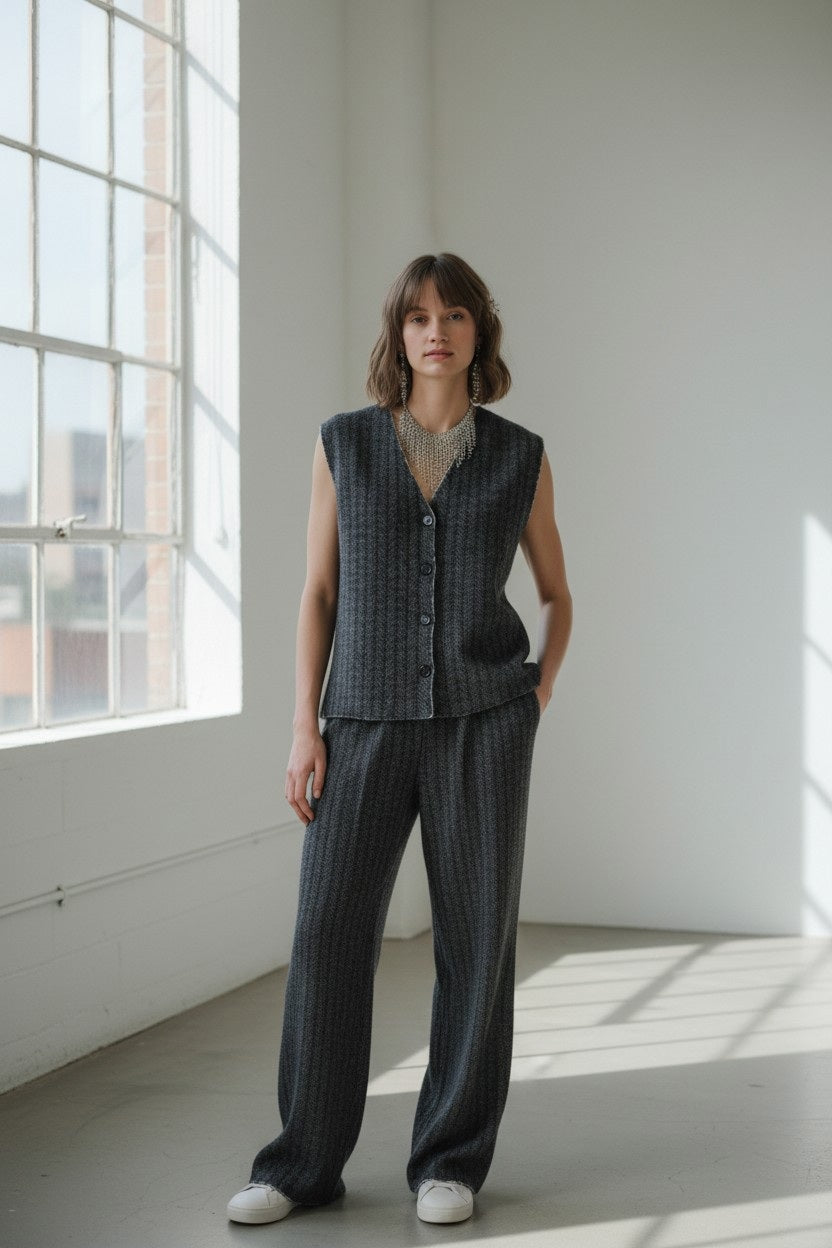 A woman stands in a bright room near large windows, wearing the FLOOR - CARDIGAN VEST IN STEEL by FLOOR, styled with matching wide-leg pants and white sneakers. She poses with one hand in her pocket.