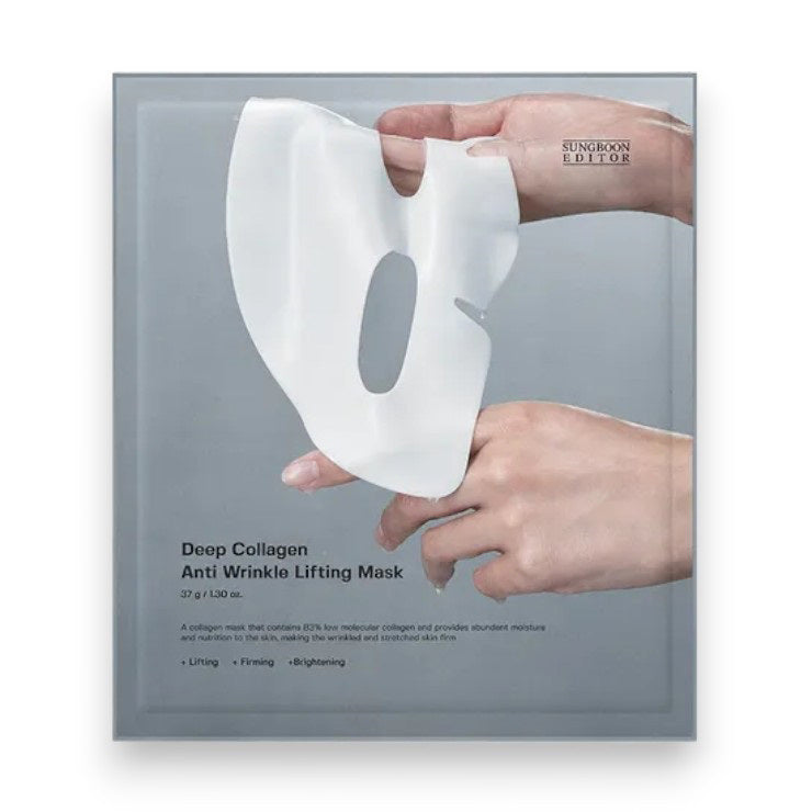 A person holds a SUNGBOON EDITOR - DEEP COLLAGEN LIFTING MASK in their hands against a neutral background. Text next to the mask reads: &quot;+100% agreed that their skin elasticity improved. +100% agreed that their skin felt moisturized. +98% agreed that their wrinkles became less noticeable.