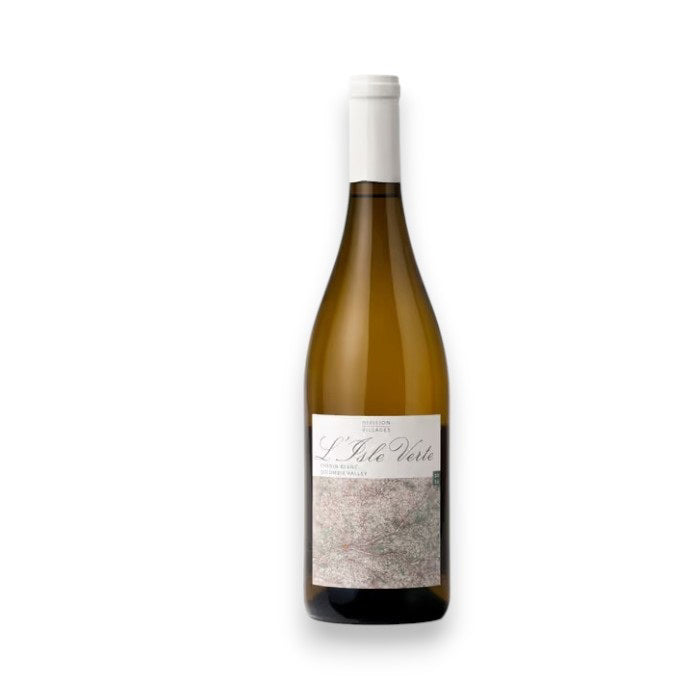 A bottle of WINE: ADVINTAGE DIVISION-VILLAGES 'L'ISLE VERTE' CHENIN BLANC 2022 with a white cap and an elegant label featuring intricate lines and soft tones, evoking orchard fruit, is displayed against a plain white background.