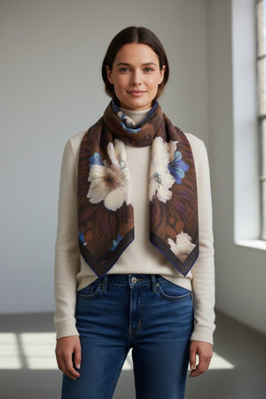A woman stands indoors near a window, smiling at the camera. She is wearing a cream sweater and blue jeans, accessorized with the FRANCO FERRARI - FLORAL WOOL SCARF 115X115 by FRANCO FERRARI, which features artistic brown floral patterns.
