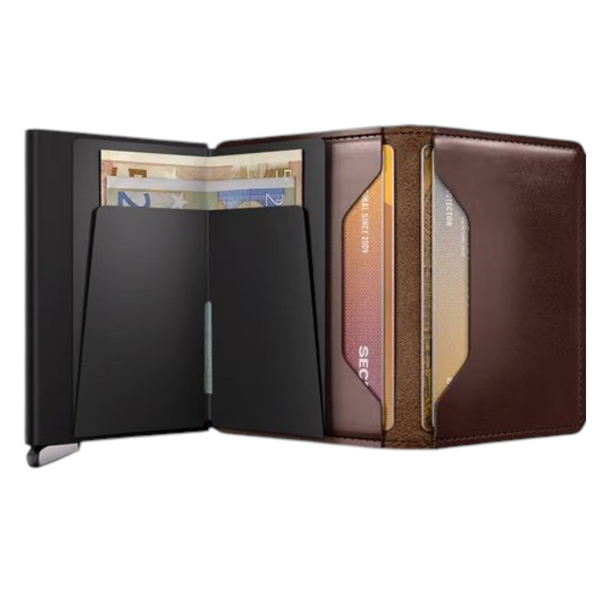 Introducing the SECRID - PREMIUM SLIMWALLET+ DUSK IN DARK BROWN: a stylish wallet by SECRID, crafted from smooth, vegetable-tanned leather in dark brown. It features a sleek black metal side and a convenient lever at the bottom corner for effortless card release. For enhanced security, this premium Slimwallet offers RFID protection to keep your cards safe.