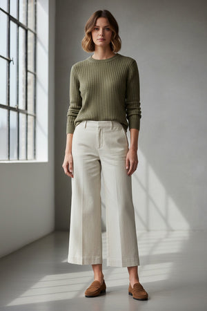 The FRANK & EILEEN Wexford Wide Leg Linen Pant in Cement features belt loops and a tailored waistband, shown against a light textured background.
