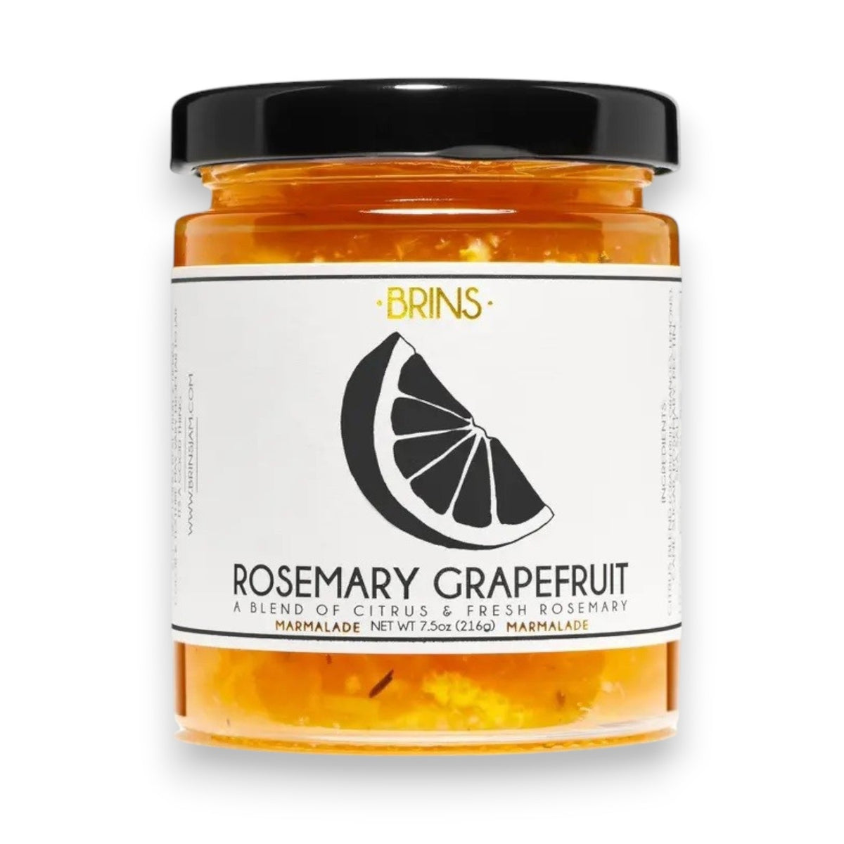A jar of BRINS - ROSEMARY GRAPEFRUIT MARMALADE featuring a black lid and a label with a grapefruit slice and flavor description. This vegan spread from BRINS combines vibrant citrus with fragrant rosemary for a distinctive and delicious marmalade.