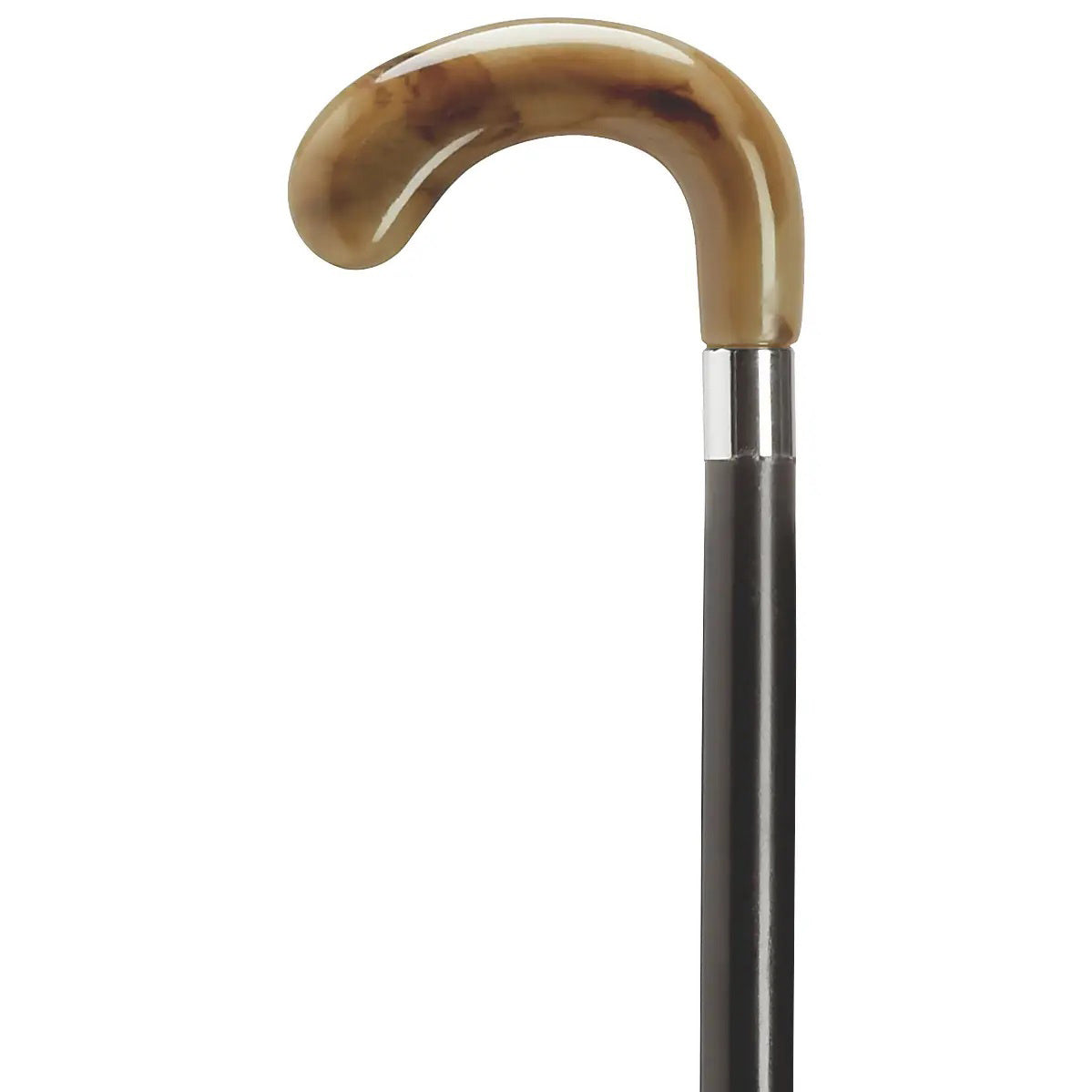 The HARVY CANES Decorative Handle European Ergonomic Golf Shape Cane features a black lacquered hardwood shaft, metallic ring, and ergonomic golf handle, displayed against a plain white background.