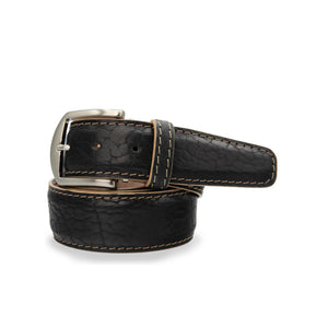 The LEN LIFESTYLE L.E.N. LIFESTYLES American Bison Belt in Black with Tan features genuine leather, a silver buckle, visible stitching, and a tan inner side. Expertly handcrafted in the USA and shown coiled with the buckle facing forward.