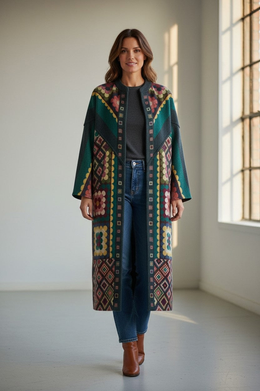 A woman stands indoors wearing the FRANCO FERRARI - REVERSIBLE WOOL COAT, its long, colorful pattern draped over a brown turtleneck, dark jeans, and brown ankle boots. Sunlight streams through a window, casting shadows on the floor and wall.
