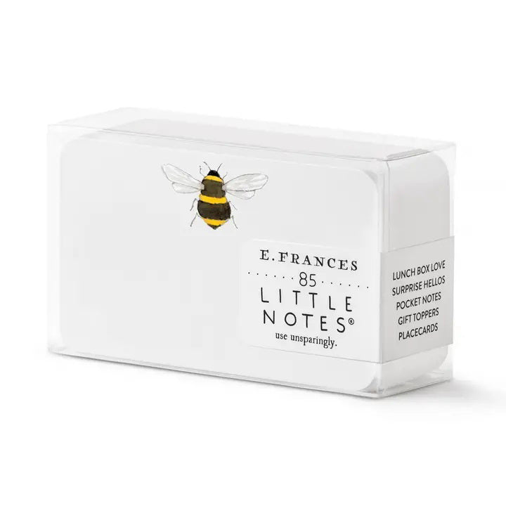 E. FRANCES PAPER’s E. FRANCES - LITTLE NOTES BEES includes 85 mini cards in a clear box, each with a bumblebee design and “E. Frances Little Notes”—perfect for lunch box love, pocket notes, or gift toppers.