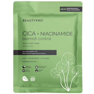 The BEAUTYPRO - CICA + NIACINAMIDE BLEMISH CONTROL MASK, presented in green packaging under the trusted BEAUTY PRO brand, promises to minimize pores, brighten skin, and provide anti-aging benefits. It features a biodegradable mask and packaging made with natural plant ingredients and is paraben-free.