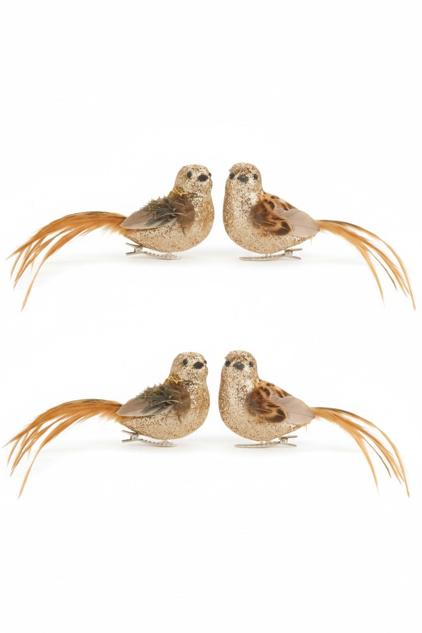 Two GOLD BIRD CLIP ON ORNAMENT designs in glittery gold with long, wispy tail feathers and metal clips on their undersides.