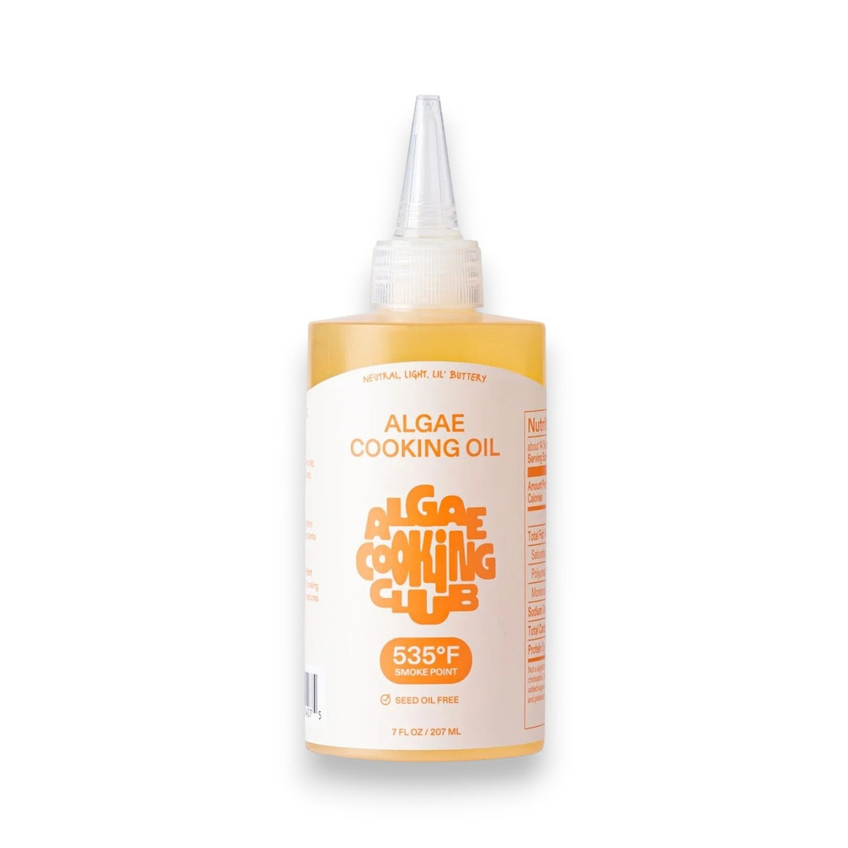 A reusable squeeze bottle of ALGAE COOKING CLUB - ALGAE COOKING OIL 7FLOZ, featuring a pointed cap, white label with orange text highlighting its 535°F smoke point, and containing 7 fl oz (207 mL).