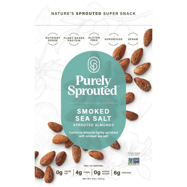 A package of PURELY SPROUTED - SMOKED SEA SALT SPROUTED ALMONDS from the PURELY SPROUTED brand is displayed. The front of the pack highlights key features such as being nutrient-dense, plant-based protein, gluten-free, a superfood, and vegan. The packaging shows smoked sea salt almonds along with nutrition information.