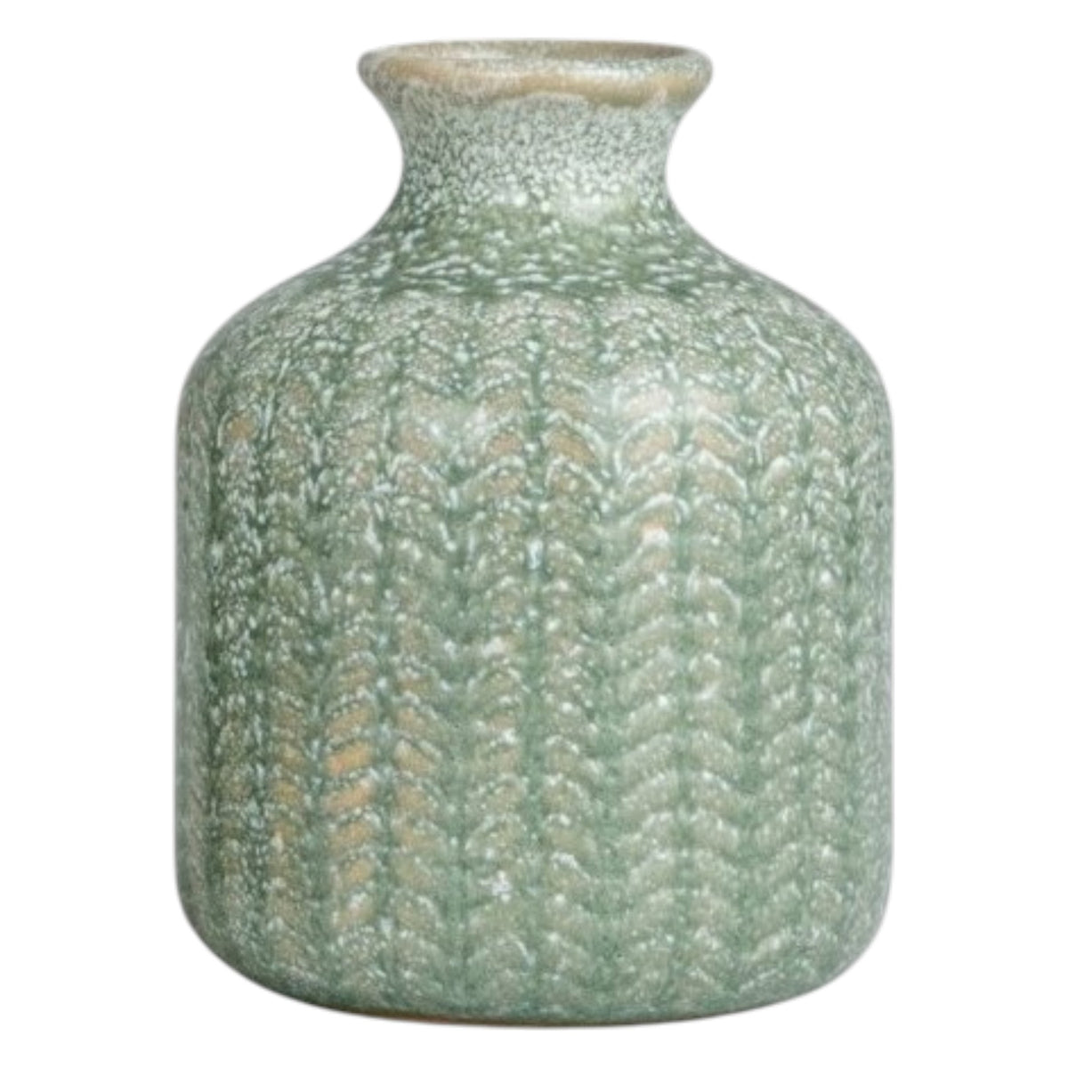 Close-up of the GRAY EMBOSSED STONEWARE VASE, SMALL by CREATIVE COOP reveals a repeating, symmetrical pattern resembling interwoven green and beige threads—much like knitted fabric or stylized leaf motifs.