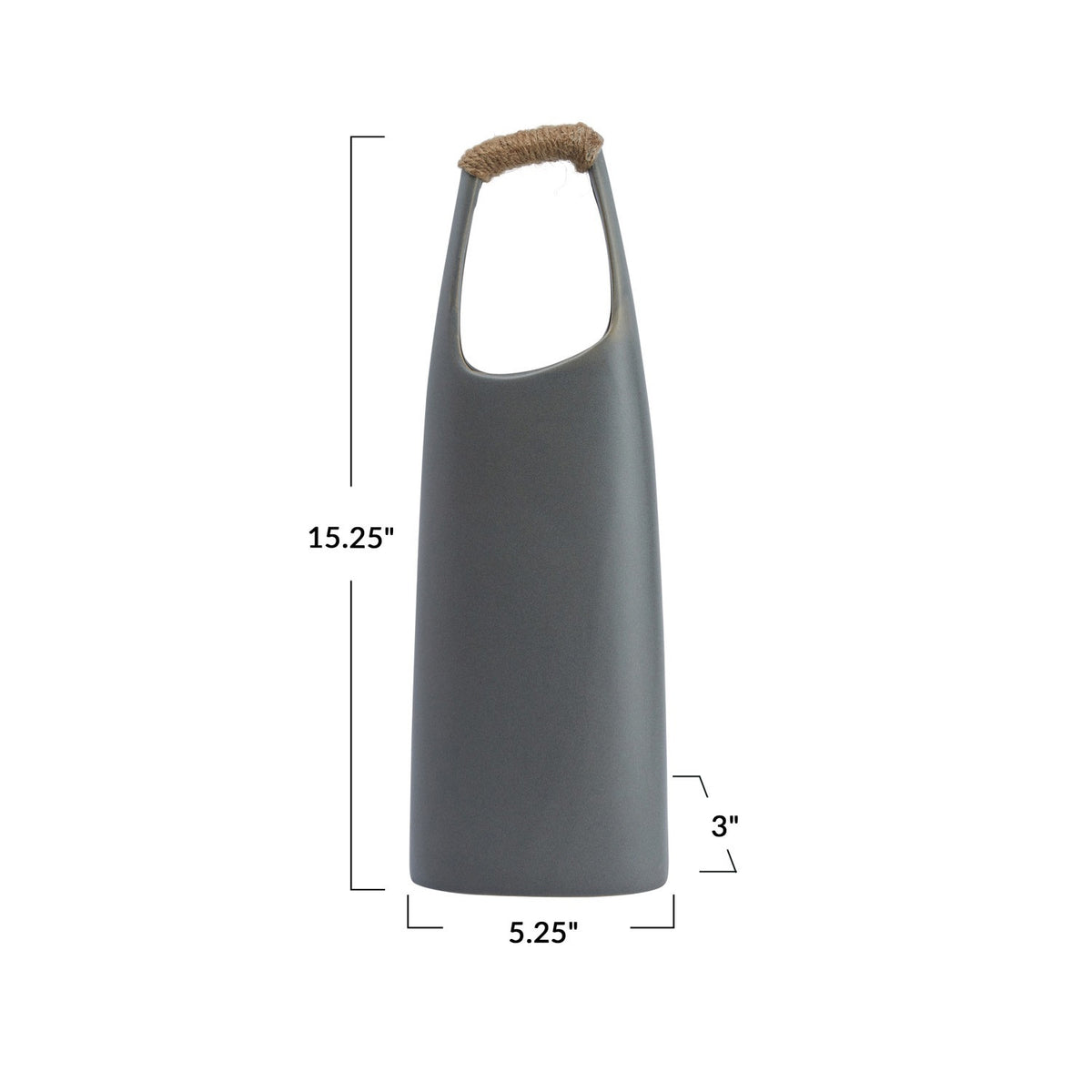 The CREATIVE COOP STONEWARE VASE WITH RATTAN WRAPPED HANDLE, GREY, stands tall with a matte finish and elongated oval opening, making a striking decorative centerpiece against a white background.