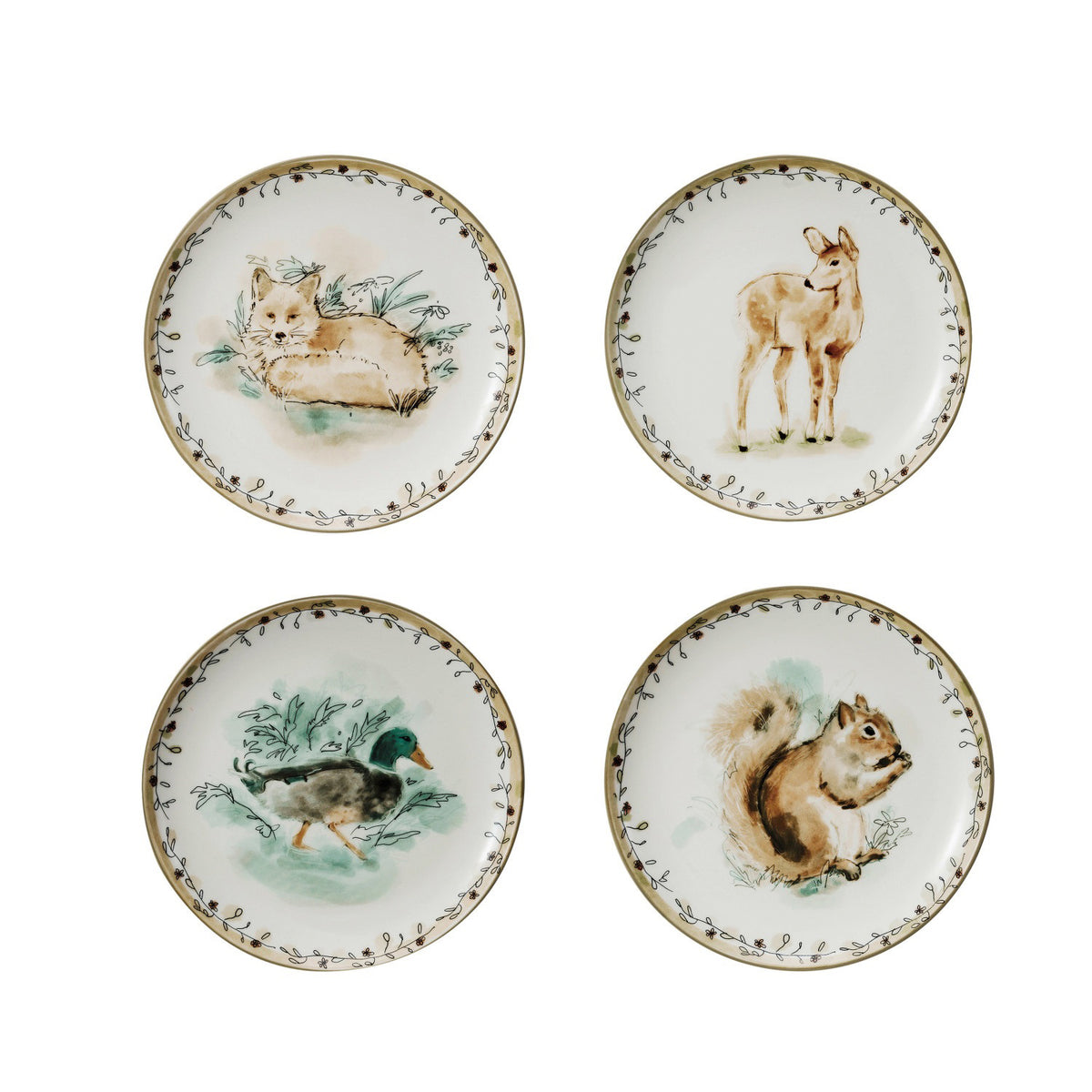 The CREATIVE COOP STONEWARE PLATE WITH WOODLAND ANIMAL features four assorted styles, each with a fox, fawn, mallard duck, or squirrel print and a leafy rim border.