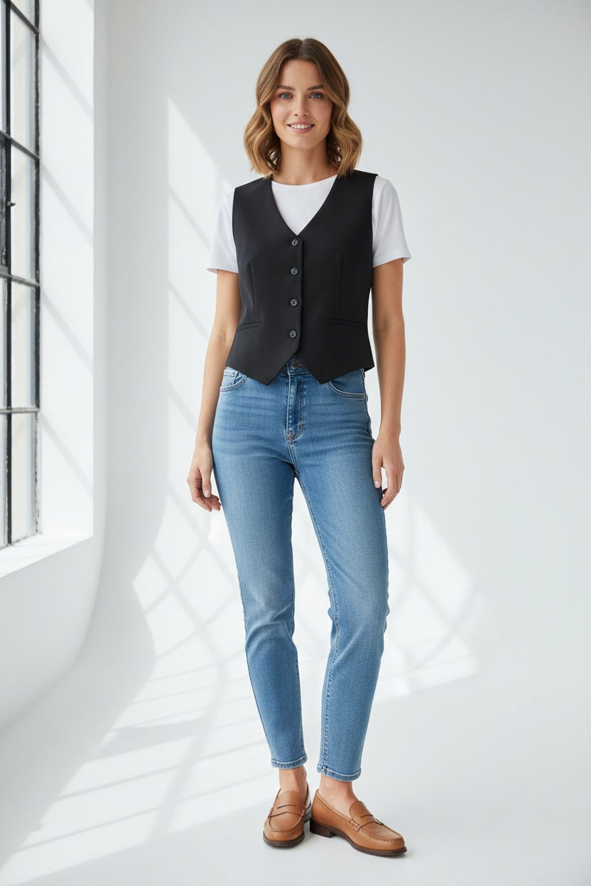 The SEVENTY - Wool Tailored Button Down Vest by SEVENTY is a black, formal waistcoat made from a bi-stretch wool-blend. It features a V-neckline, four button fastenings down the front, and two welt pockets. Exhibiting a sleek and minimalist design, this tailored vest is perfect for business or formal wear. The product is showcased against a plain white background.